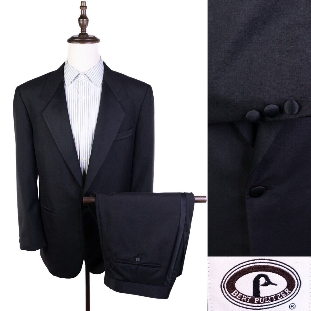 Bert Pulitzer Men's 1 Button Suit 42R Blazer Coat Wool Jacket Black Pants 32x28